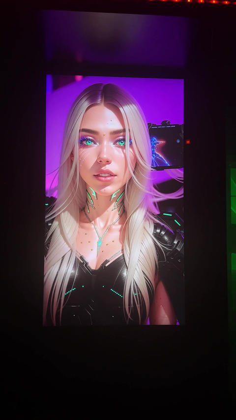 Futuristic female character with long blonde hair and cybernetic features poses confidently