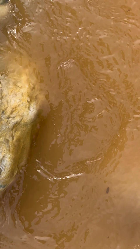 Closeup of flowing muddy water with textured rock creating natural patterns and earthy tones