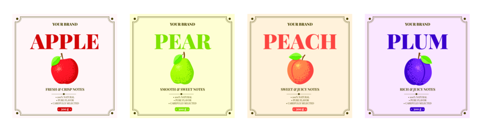 Apple, pear, peach and plum label design set with fruits and lea