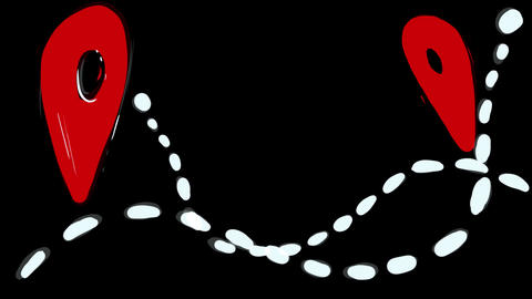 Hand-drawing white dotted routes with a red location pin on a black background