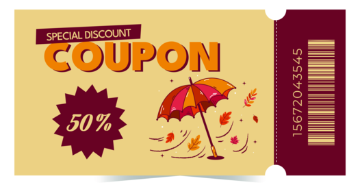 Retro autumn discount coupon with umbrella, seasonal leaves and