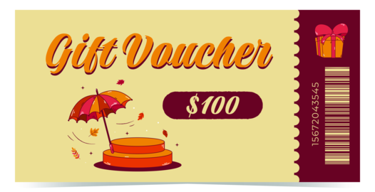 Retro gift voucher template with podium, umbrella and seasonal s