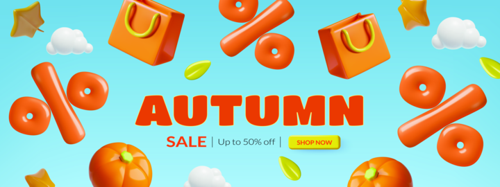 Autumn seasonal sale banner with orange pumpkin shopping bag and percentage sign