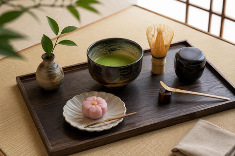 Tea Ceremony Tray with Whisk and Sweet