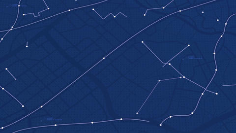 Grid Map with Moving Data Points. Interconnected node system with geometric lines on dark blue
