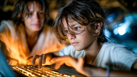 Schoolboy concentrates on a laptop during a remote lesson