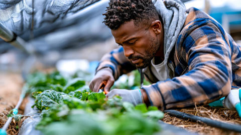 Farmer inspects drought-resistant leafy crops and irrigation lines