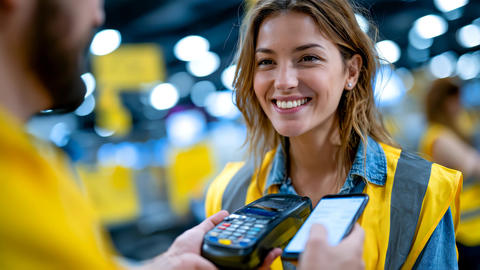 Smiling female worker accepts a contactless mobile payment
