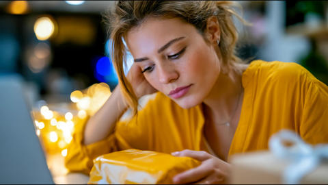 Female small business owner packs a bright yellow parcel beside a laptop