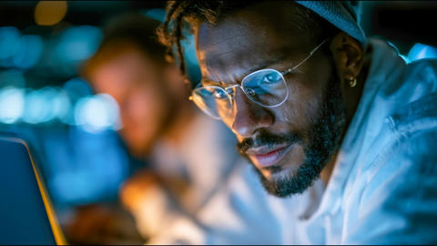 Focused Black IT specialist in glasses works on a laptop