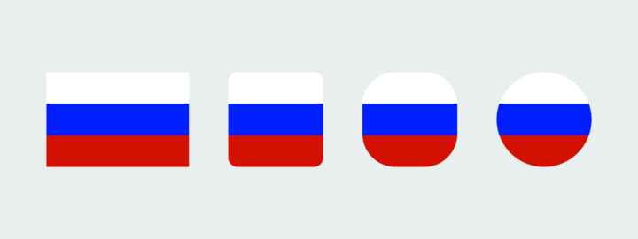 Russia national flag set in original proportion and different shapes styles. Official Russian symbol