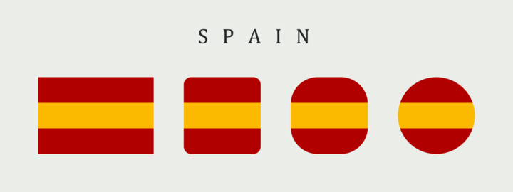 Spain national flag set in original proportion and different shapes styles. Official Spanish symbol,