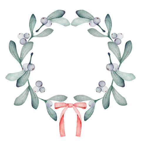 Mistletoe watercolor circle frame illustration with red bow and paper texture