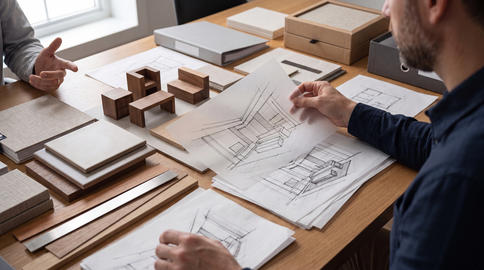 Architect Presenting AI Interior Concepts With Finish Boards And Sketches