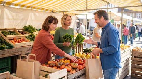 Friends Browsing Fresh Produce Stall In Sunlit Open Air Market