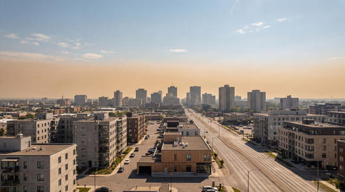 Summer Heat Dome Over Urban Edge Skyline With Clear Atmospheric Layers