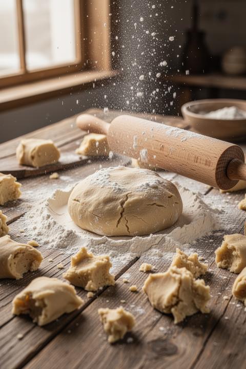 Dough ball on floured wooden table with rolling pin and flour in motion