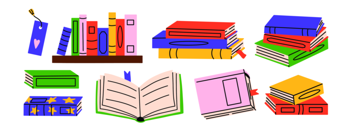 Vector set of colorful book stack, open book and bookmark illustration on white background. Reading