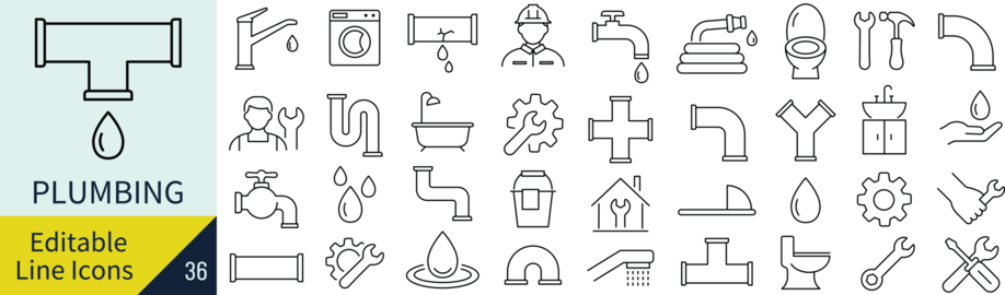 Monochrome Plumbing Line Icon Set