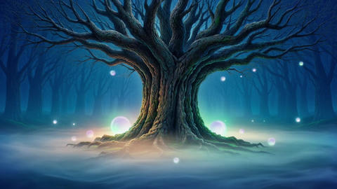 Ancient Tree with Glowing Orbs in Mystical Forest at Night Featuring Roots, Branches, Darkness with 