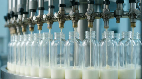Milk Bottles with Dispensers Featuring Dairy, Production, Factory, Clean Composition on Simple Backg