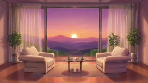 Cozy Living Room with a Breathtaking Sunset View. Featuring Relaxing, Nature, Interior Design with H