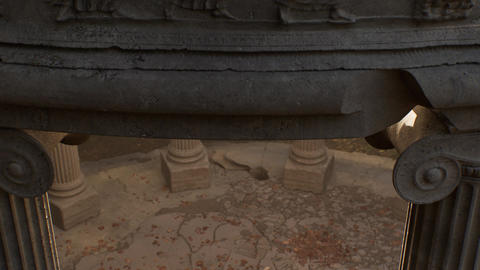 Ancient ruined temple columns revealed from a bas-relief
