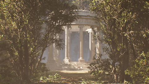 Ancient stone temple monument in a mysterious magical forest