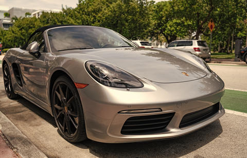 Miami, Florida, USA - July 27, 2025: Porsche 718 Boxster 2022 sport car convertible. Luxury