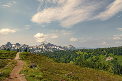 Mountain landscape with meadow. Valley landscape with cloudy sky. Scenic green hill mountain. Travel