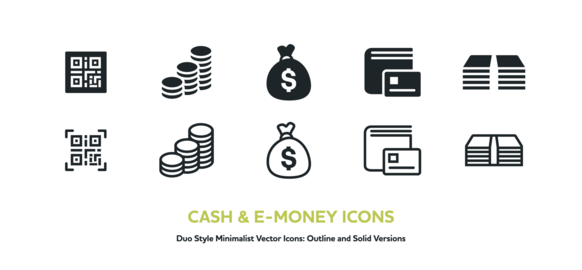 QR Payment, Wallet, Coin, Bill & Dollar Bag Vector Icon Set (Outline & Solid)