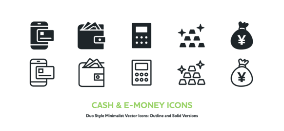 Smartphone Payment, Wallet, Calculator & Gold Vector Icon Set (Outline & Solid)