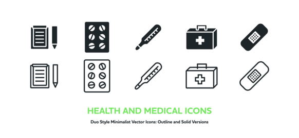 Medicine Box, Thermometer & Bandage Vector Icon Set (Outline & Solid)