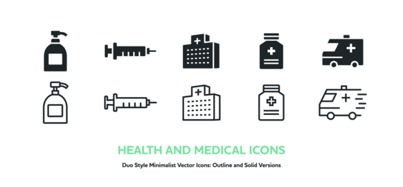 Hospital, Ambulance, Syringe & Medicine Vector Icon Set (Outline & Solid)