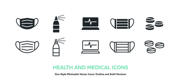 Mask, Spray, PC, and Medical Vector Icon Set (Outline & Solid)
