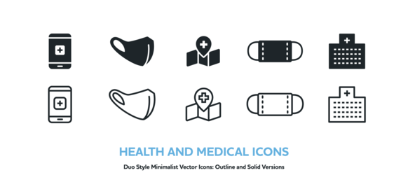 Hospital, Smartphone, Map & Mask Vector Icon Set (Outline & Solid)
