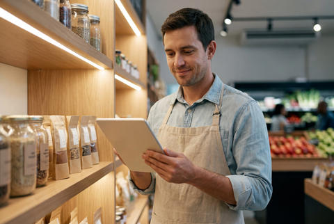 Male grocery store employee using a tablet near wooden shelves of dry goods