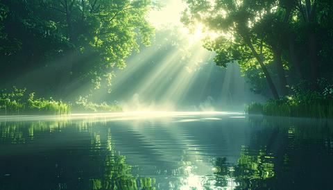 Wide Morning Light Rays Over a Misty Woodland Lake Landscape