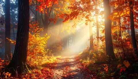 Misty Autumn Forest Trail with Sun Rays Between Dark Trunks