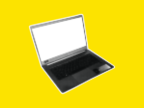 Vector halftone collage laptop in perspective with blank white screen on yellow halftone collage