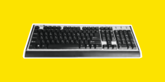 Vector halftone collage keyboard in perspective on yellow halftone collage background. Contemporary