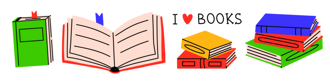 Vector illustration set of book, open book and colorful book stack with text i love books. Reading