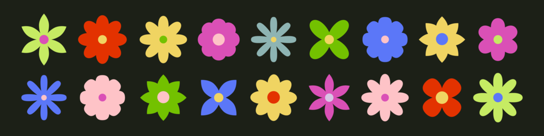 Vector groovy set of colorful flat flower illustration on dark background. Simple vintage decorative