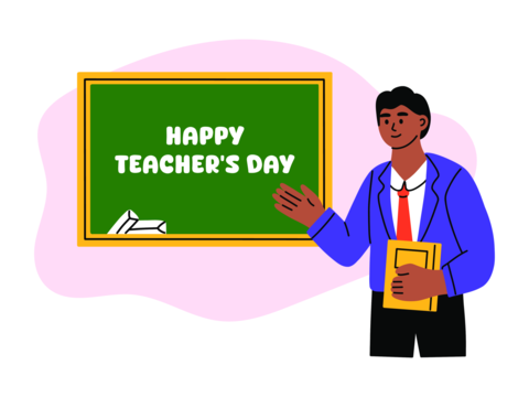 Vector male teacher standing by green chalkboard with Happy teachers day text and holding book