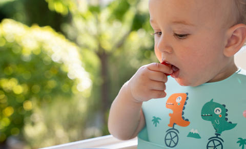 Baby eating fresh fruit outdoor in high chair