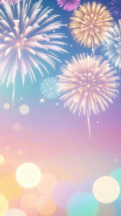 Dreamy pastel-colored fireworks exploding in night sky. CG animation for festive and celebration