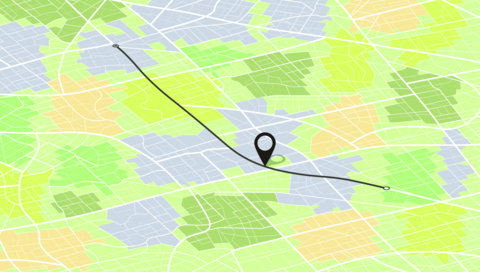 Location tracks dashboard. Isometric city street road. City streets and blocks, route distance data