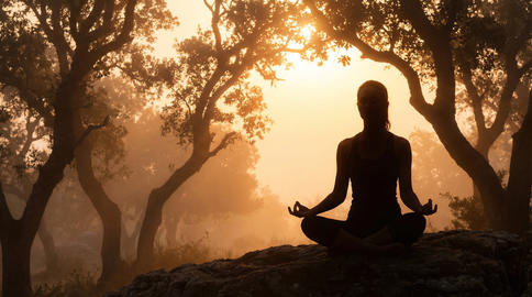 woman meditating in forest on misty morning finding inner peace grounding and slow living
