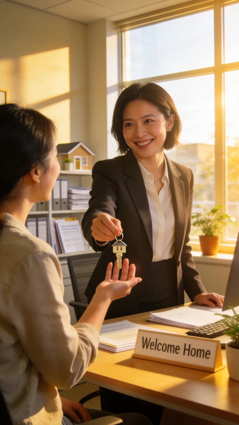 Real Estate Agent Handing House Keys to New Home Buyer