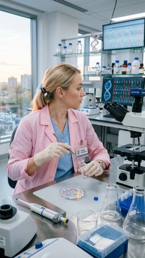 Female Geneticist Analyzing DNA Samples in Genomics Laboratory